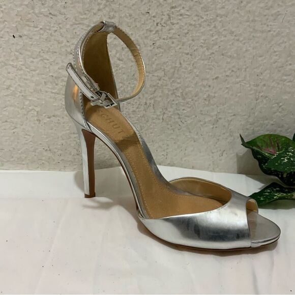 Schutz Saasha Lee Metallic Leather Open Toe Ankle Strap Heels Silver Size 7 - Picture 4 of 16